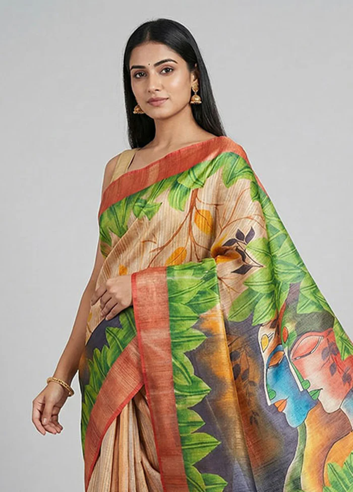 Multicolor Handloom Tussar Pure Silk Saree With Blouse Piece - Image 2