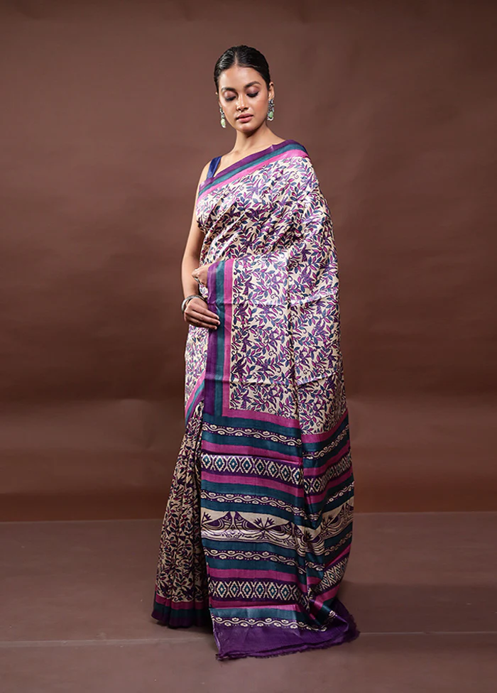 Multicolor Handloom Tussar Pure Silk Saree With Blouse Piece - Image 4