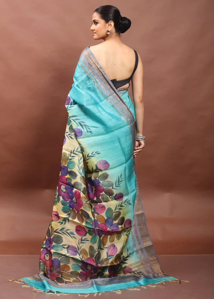 Blue Handloom Tussar Pure Silk Saree With Blouse Piece - Image 3