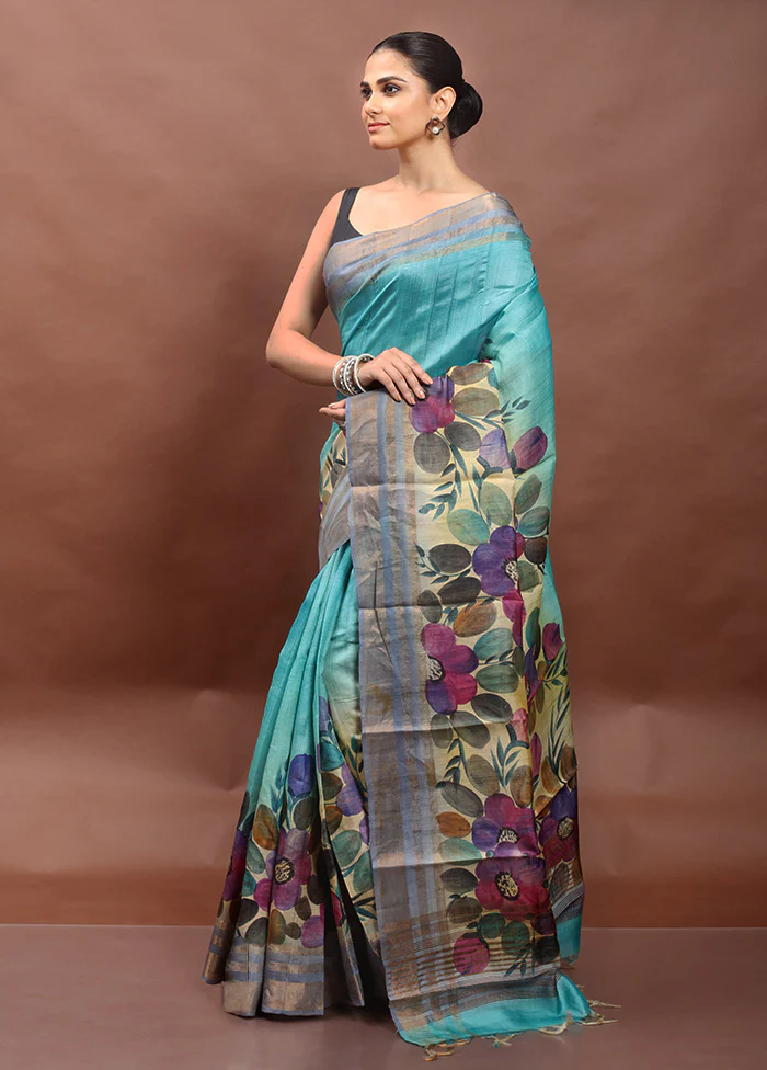 Blue Handloom Tussar Pure Silk Saree With Blouse Piece - Image 4