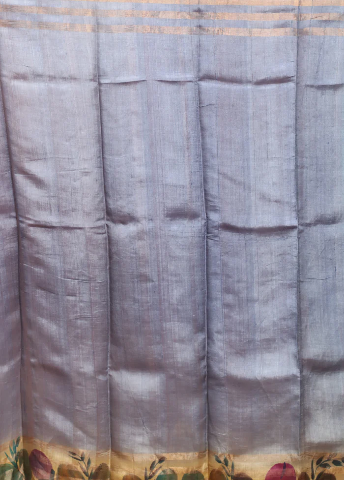 Blue Handloom Tussar Pure Silk Saree With Blouse Piece - Image 5