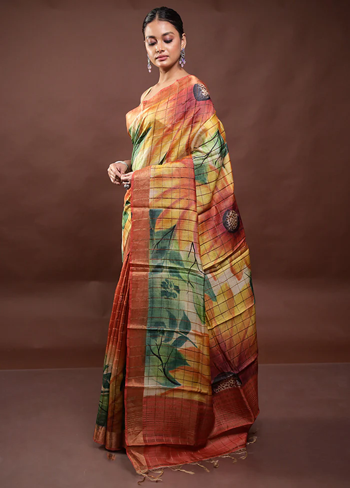 Multicolor Handloom Tussar Pure Silk Saree With Blouse Piece - Image 4