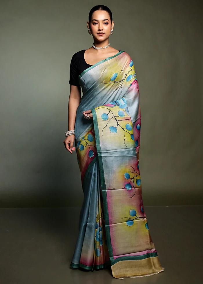 Multicolor Handloom Tussar Pure Silk Saree With Blouse Piece - Image 2