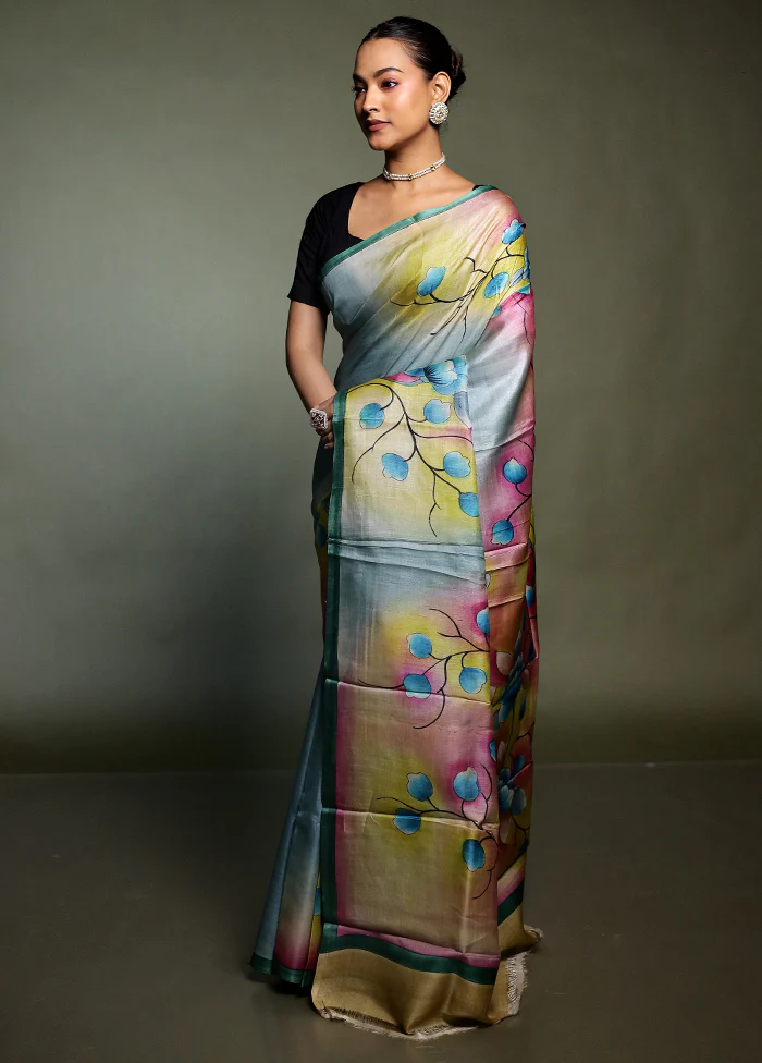Multicolor Handloom Tussar Pure Silk Saree With Blouse Piece - Image 4