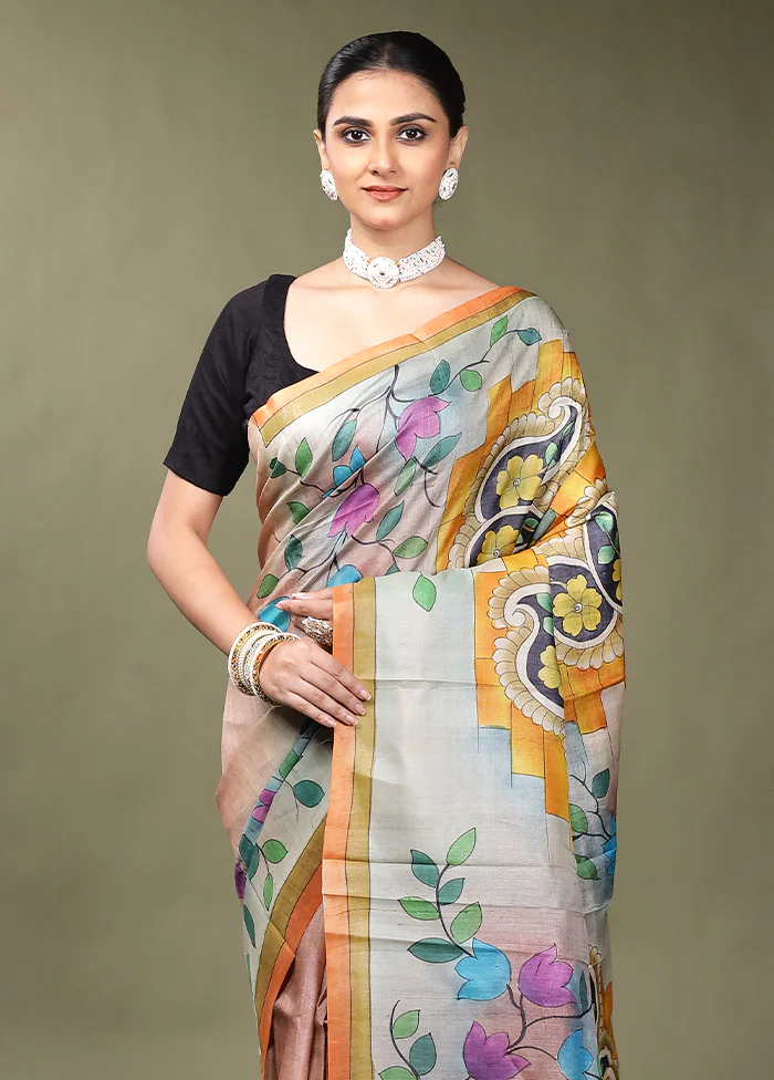 Multicolor Handloom Tussar Pure Silk Saree With Blouse Piece