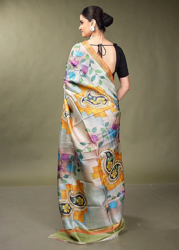 Multicolor Handloom Tussar Pure Silk Saree With Blouse Piece - Image 3