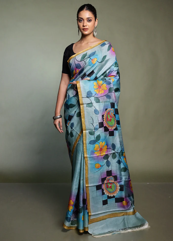 Multicolor Handloom Tussar Pure Silk Saree With Blouse Piece - Image 2
