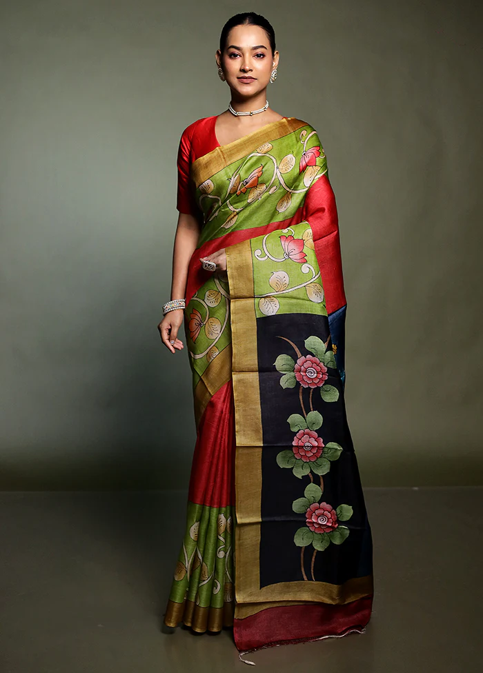 Multicolor Handloom Tussar Pure Silk Saree With Blouse Piece - Image 2