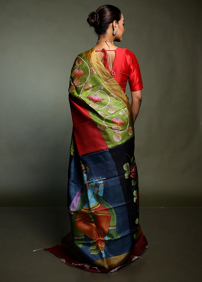 Multicolor Handloom Tussar Pure Silk Saree With Blouse Piece - Image 3