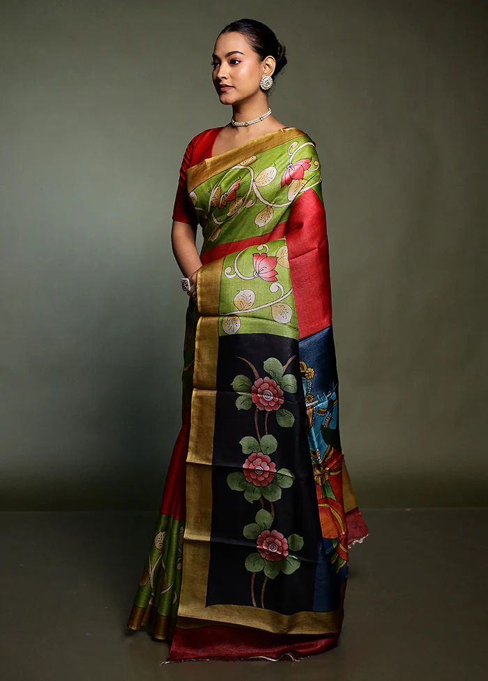 Multicolor Handloom Tussar Pure Silk Saree With Blouse Piece - Image 4