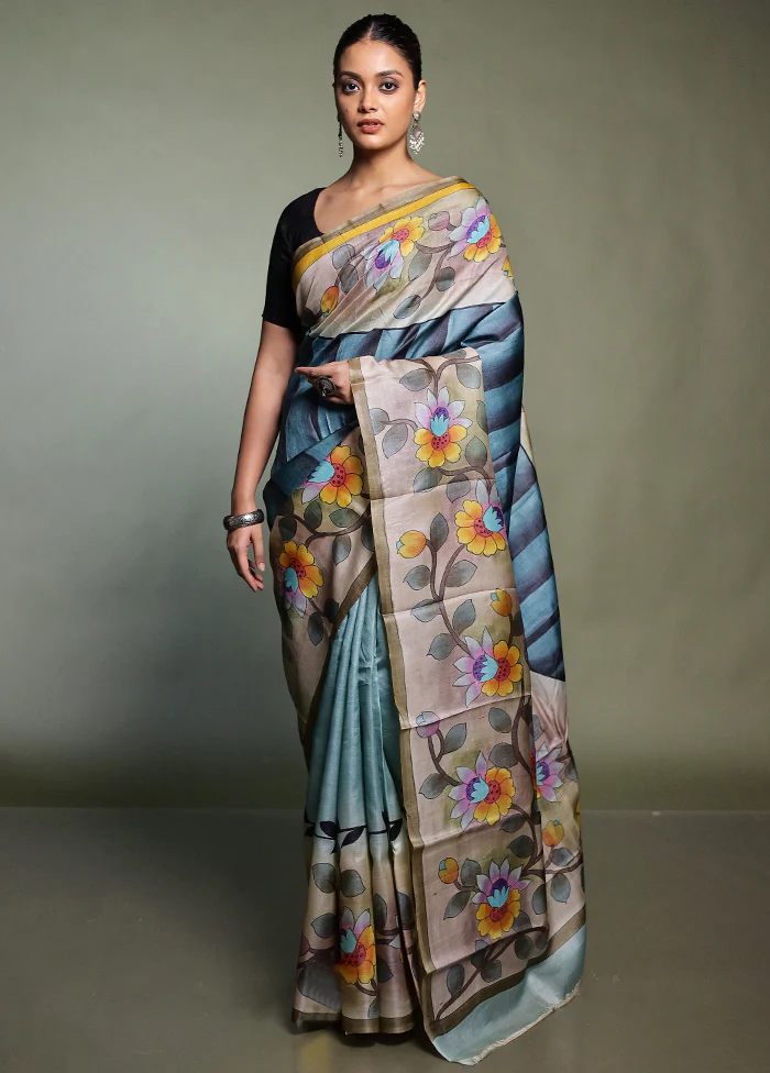 Multicolor Handloom Tussar Pure Silk Saree With Blouse Piece - Image 2