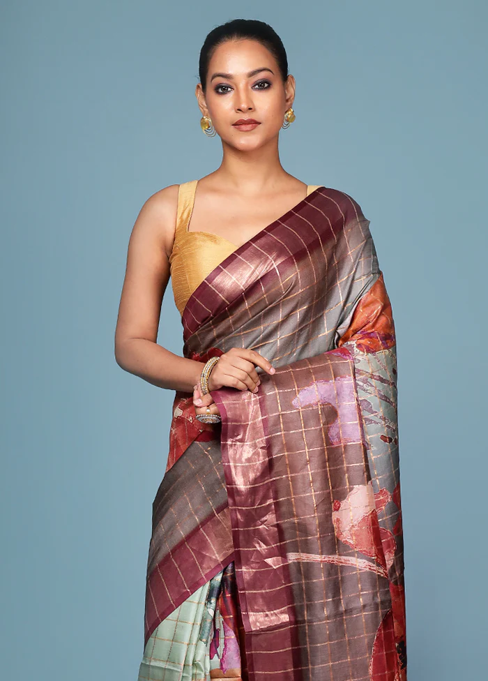 Purple Handloom Tussar Pure Silk Saree With Blouse Piece