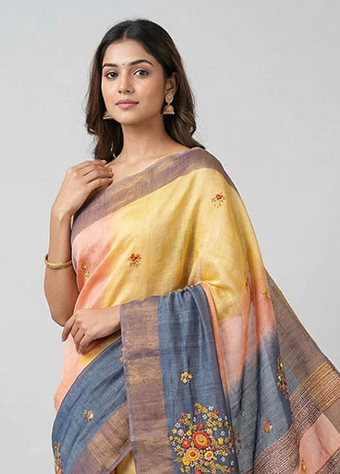 Multicolor Handloom Tussar Pure Silk Saree With Blouse Piece - Image 2