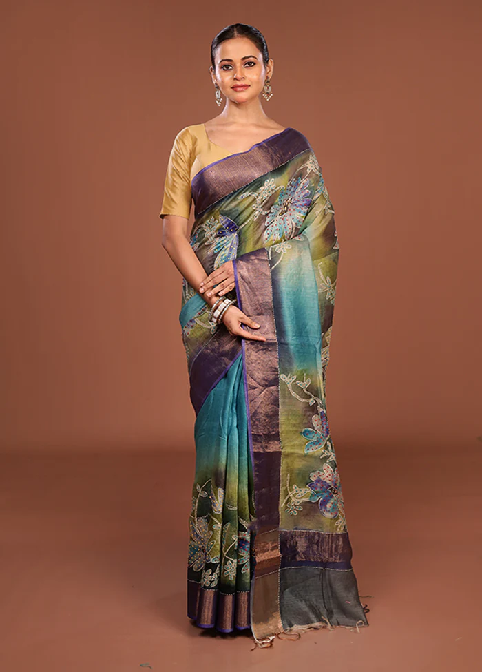 Multicolor Handloom Tussar Pure Silk Saree With Blouse Piece - Image 2