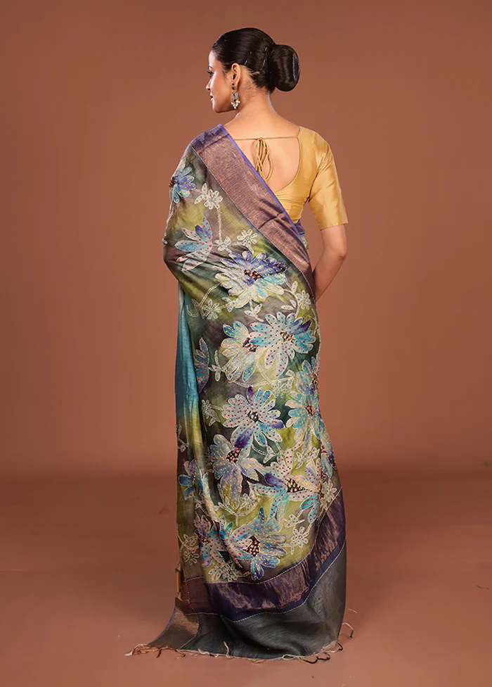 Multicolor Handloom Tussar Pure Silk Saree With Blouse Piece - Image 3