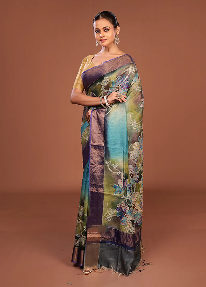 Multicolor Handloom Tussar Pure Silk Saree With Blouse Piece - Image 4