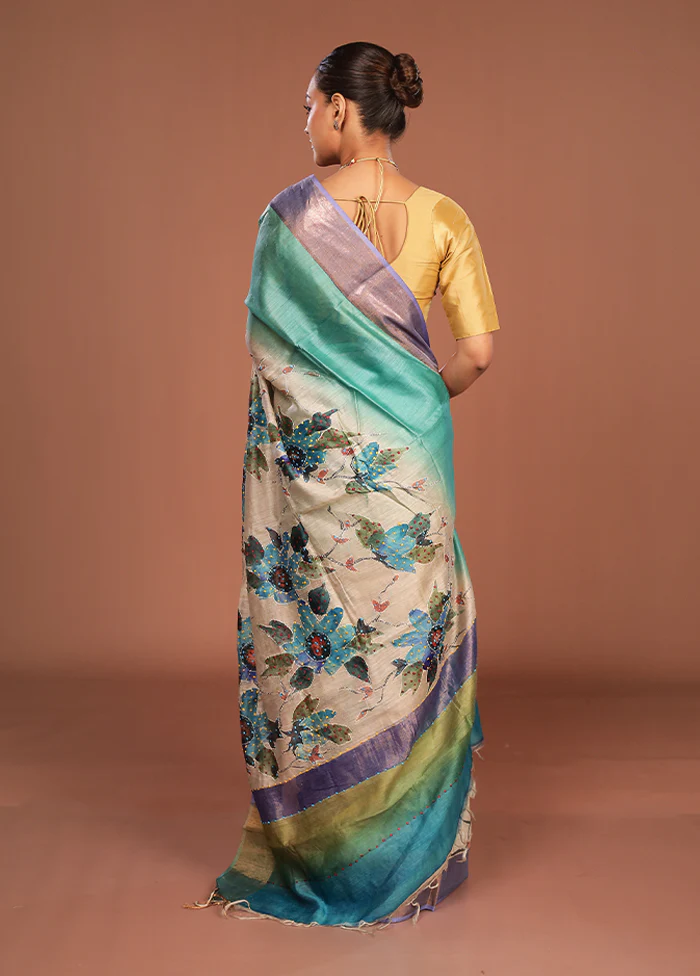 Multicolor Handloom Tussar Pure Silk Saree With Blouse Piece - Image 3
