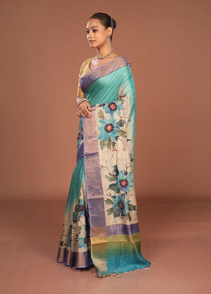 Multicolor Handloom Tussar Pure Silk Saree With Blouse Piece - Image 4