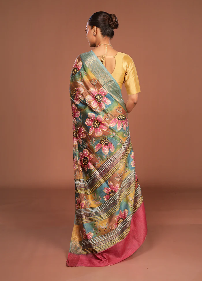 Multicolor Handloom Tussar Pure Silk Saree With Blouse Piece - Image 3