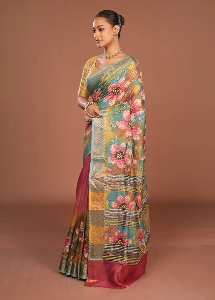 Multicolor Handloom Tussar Pure Silk Saree With Blouse Piece - Image 4