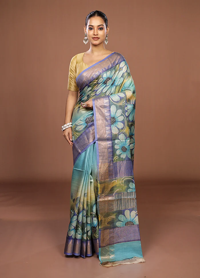 Blue Handloom Tussar Pure Silk Saree With Blouse Piece - Image 2