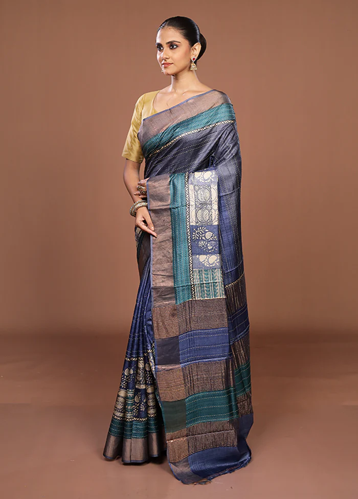 Multicolor Handloom Tussar Pure Silk Saree With Blouse Piece - Image 4