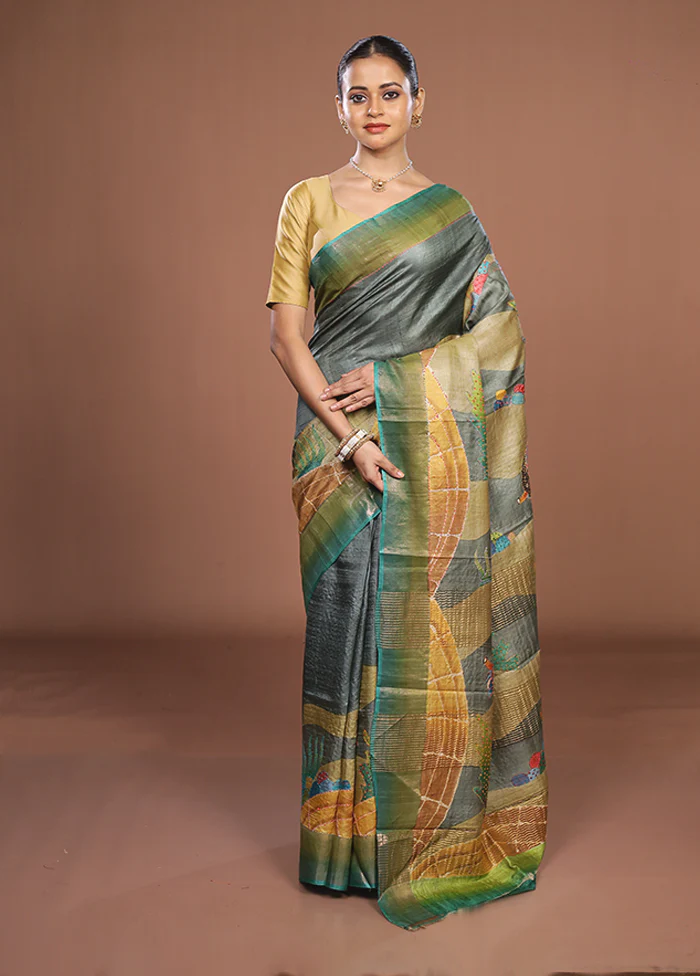 Multicolor Handloom Tussar Pure Silk Saree With Blouse Piece - Image 2