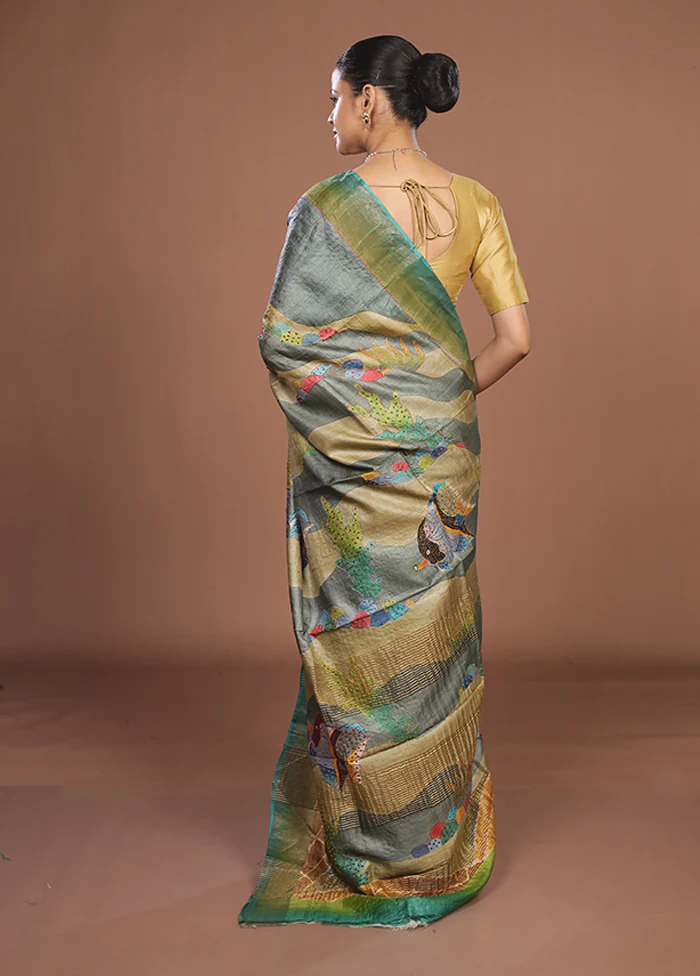 Multicolor Handloom Tussar Pure Silk Saree With Blouse Piece - Image 3