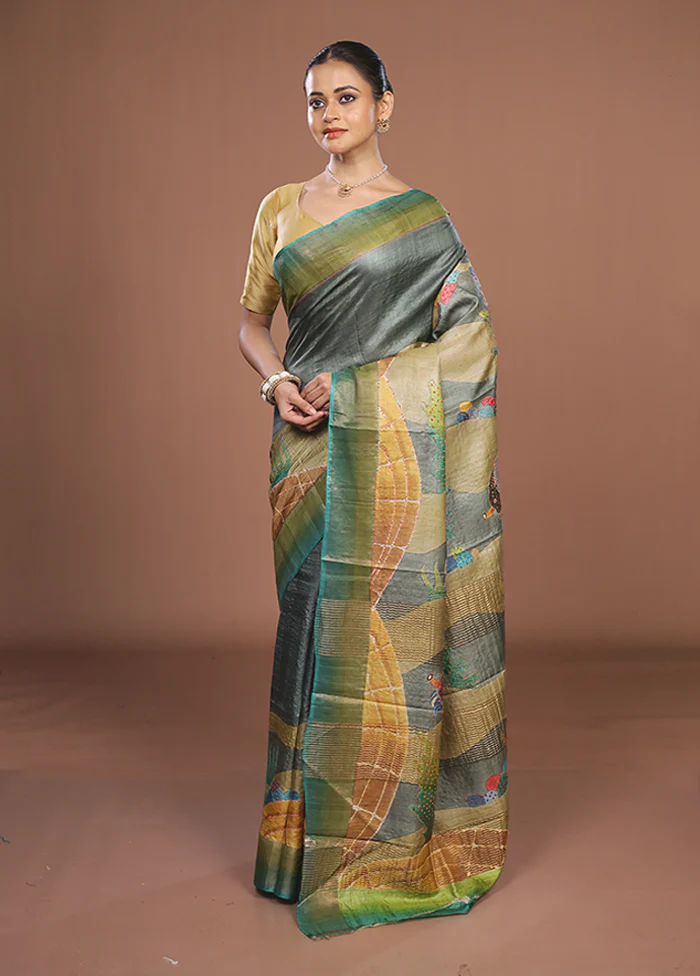 Multicolor Handloom Tussar Pure Silk Saree With Blouse Piece - Image 4