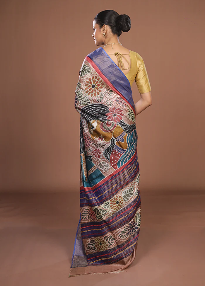 Multicolor Handloom Tussar Pure Silk Saree With Blouse Piece - Image 3