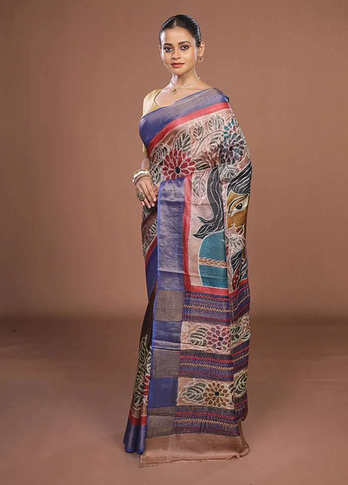 Multicolor Handloom Tussar Pure Silk Saree With Blouse Piece - Image 4