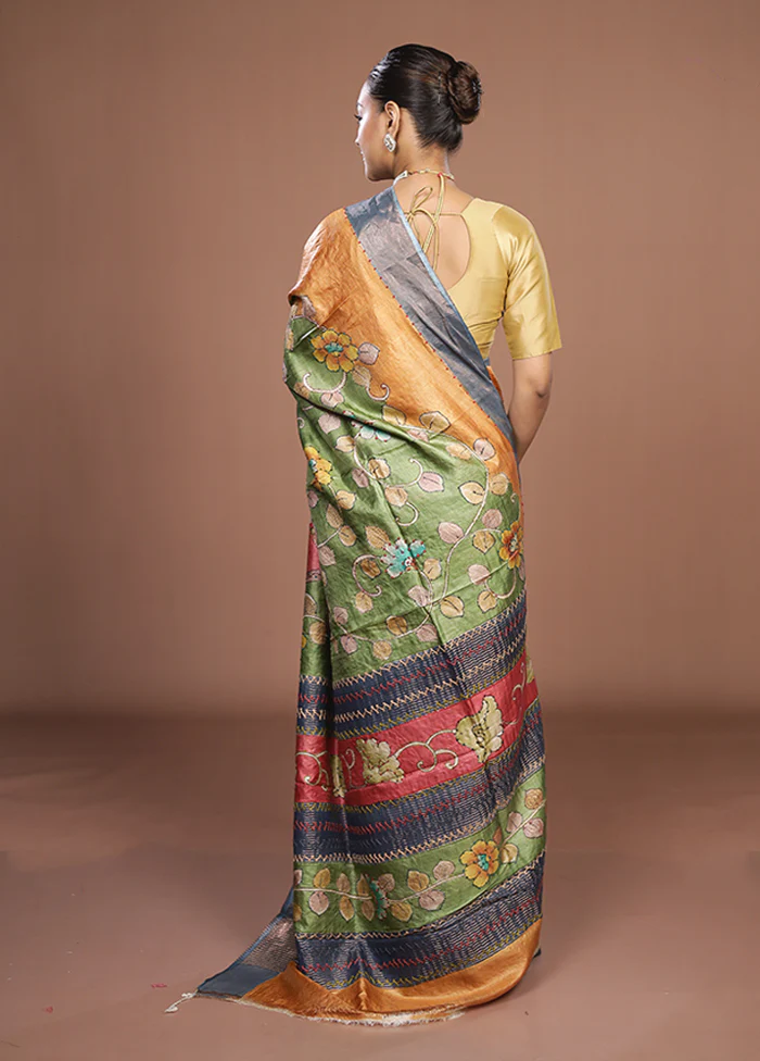Multicolor Handloom Tussar Pure Silk Saree With Blouse Piece - Image 3