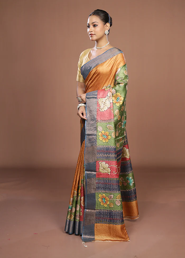 Multicolor Handloom Tussar Pure Silk Saree With Blouse Piece - Image 4