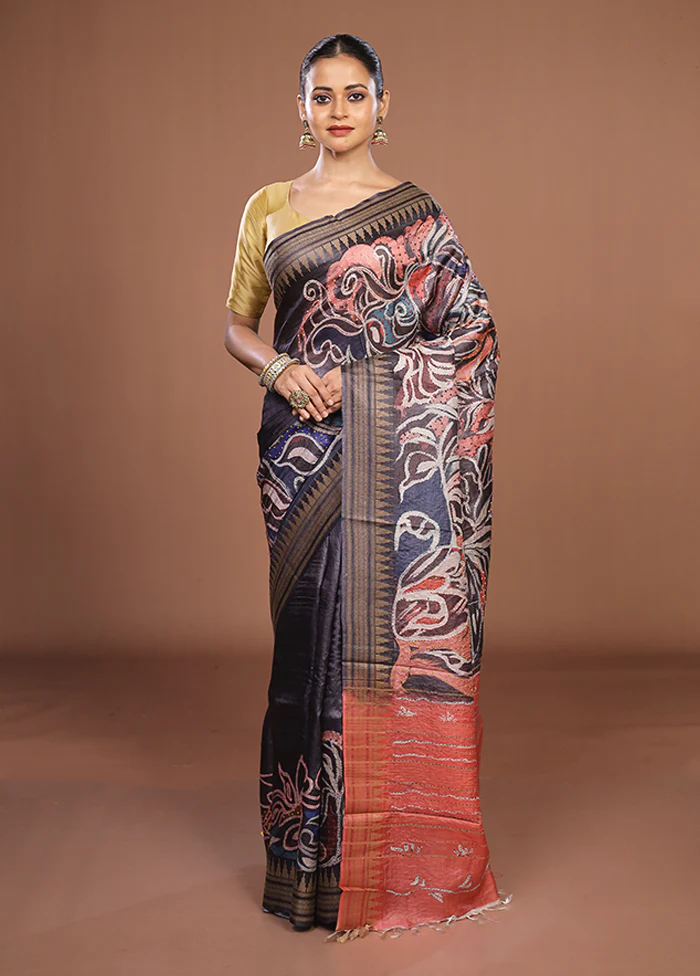 Multicolor Handloom Tussar Pure Silk Saree With Blouse Piece - Image 2