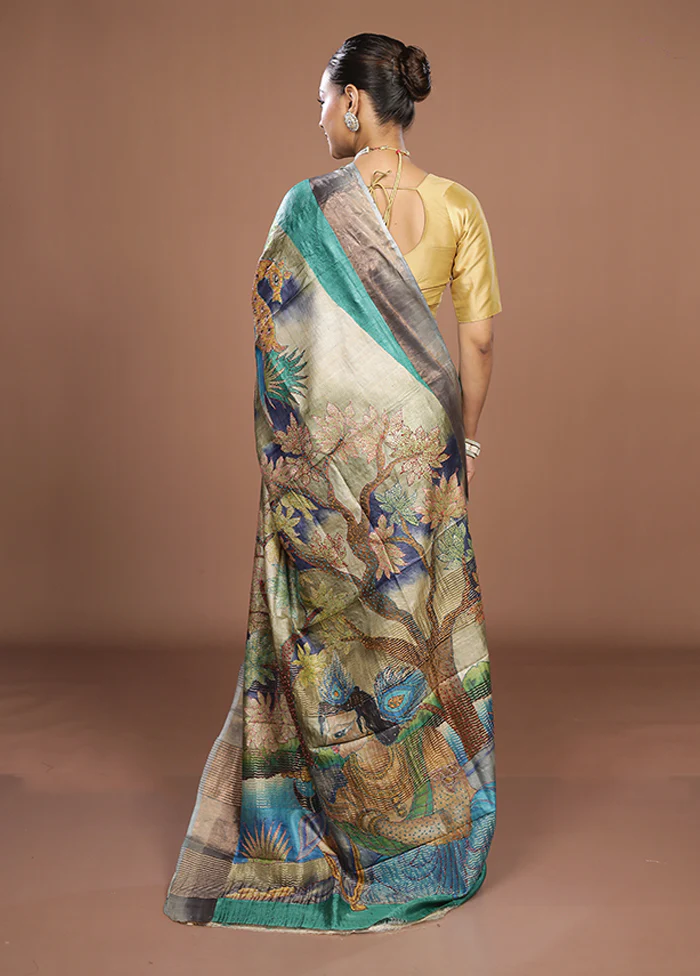 Multicolor Handloom Tussar Pure Silk Saree With Blouse Piece - Image 3