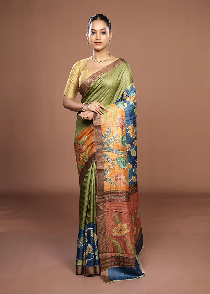 Multicolor Handloom Tussar Pure Silk Saree With Blouse Piece - Image 2