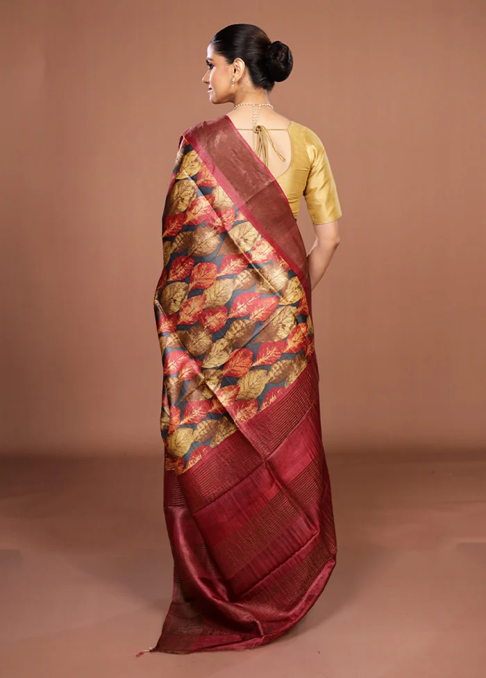 Multicolor Handloom Tussar Pure Silk Saree With Blouse Piece - Image 3