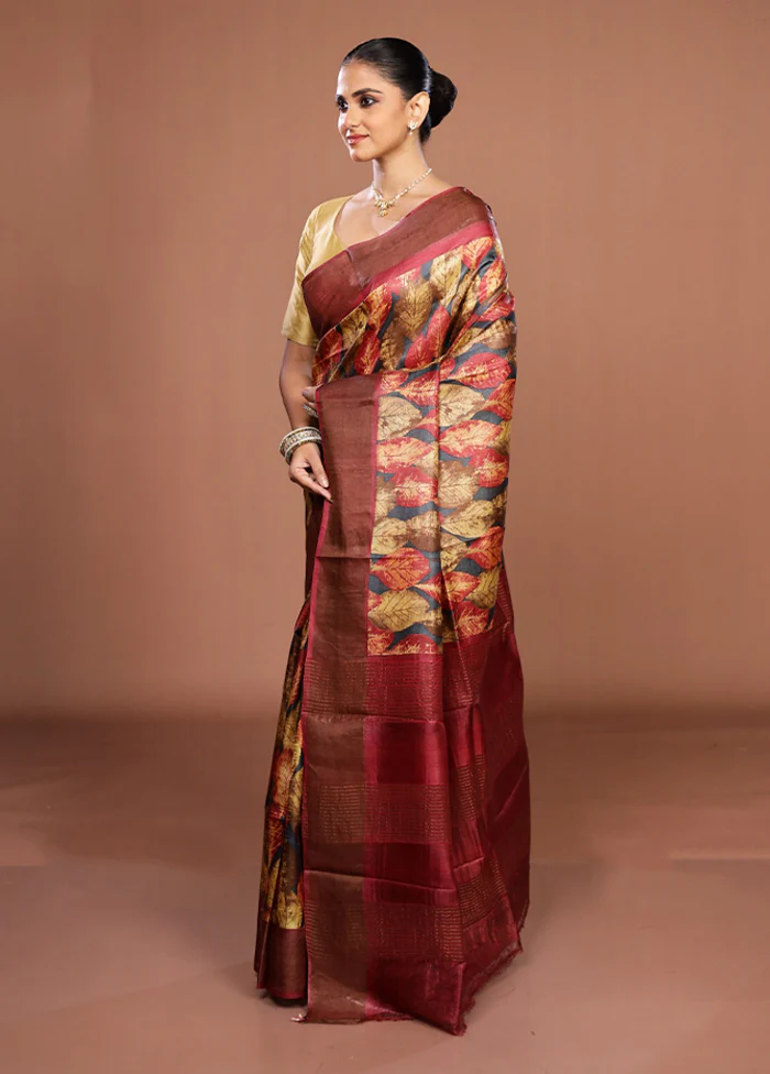 Multicolor Handloom Tussar Pure Silk Saree With Blouse Piece - Image 4