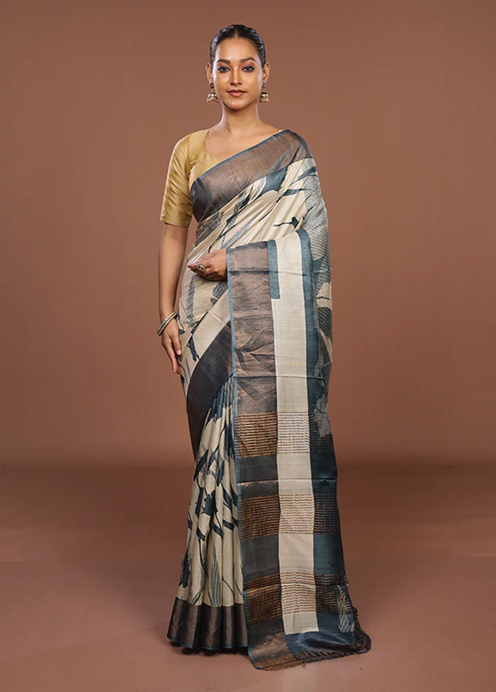 Blue Handloom Tussar Silk Saree With Blouse Piece - Image 2