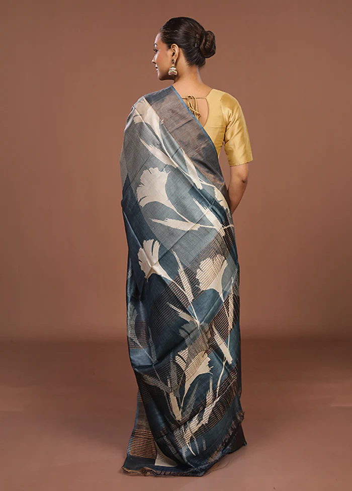Blue Handloom Tussar Silk Saree With Blouse Piece - Image 3