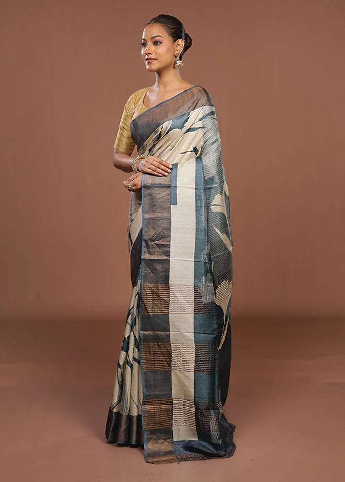 Blue Handloom Tussar Silk Saree With Blouse Piece - Image 4
