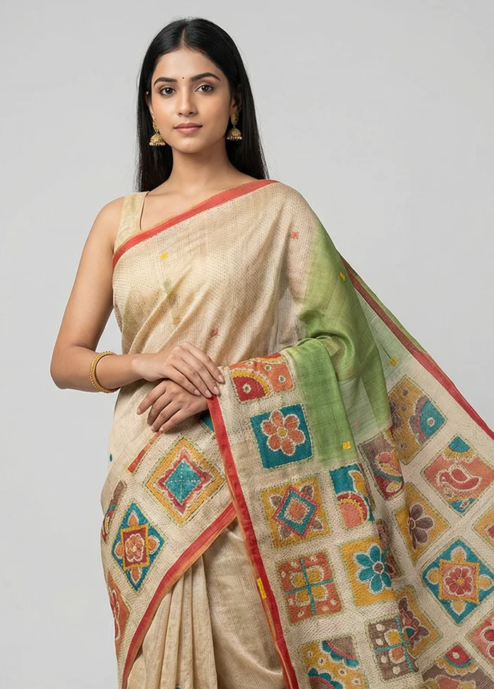 Multicolor Handloom Tussar Pure Silk Saree With Blouse Piece - Image 2