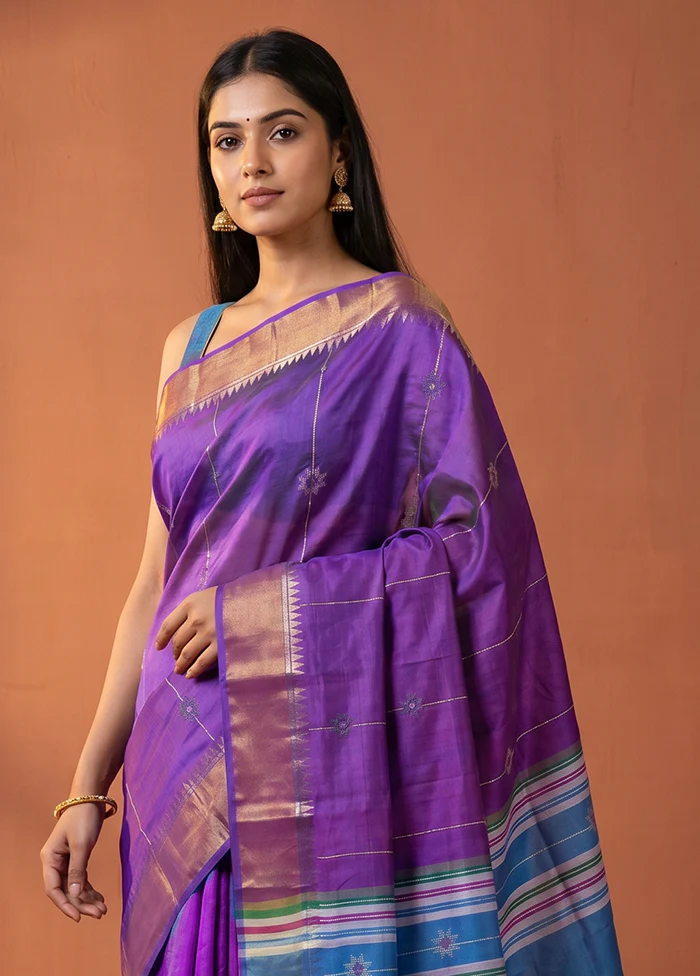 Multicolor kalakshetra Pure Silk Saree With Blouse Piece - Image 2