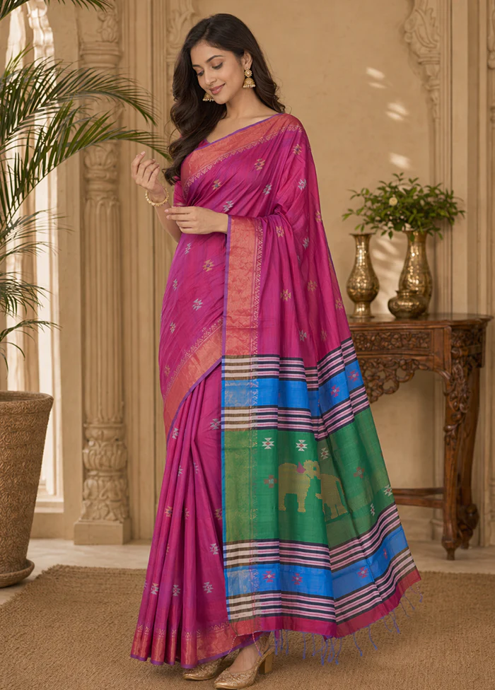Multicolor kalakshetra Silk Saree With Blouse Piece - Image 3