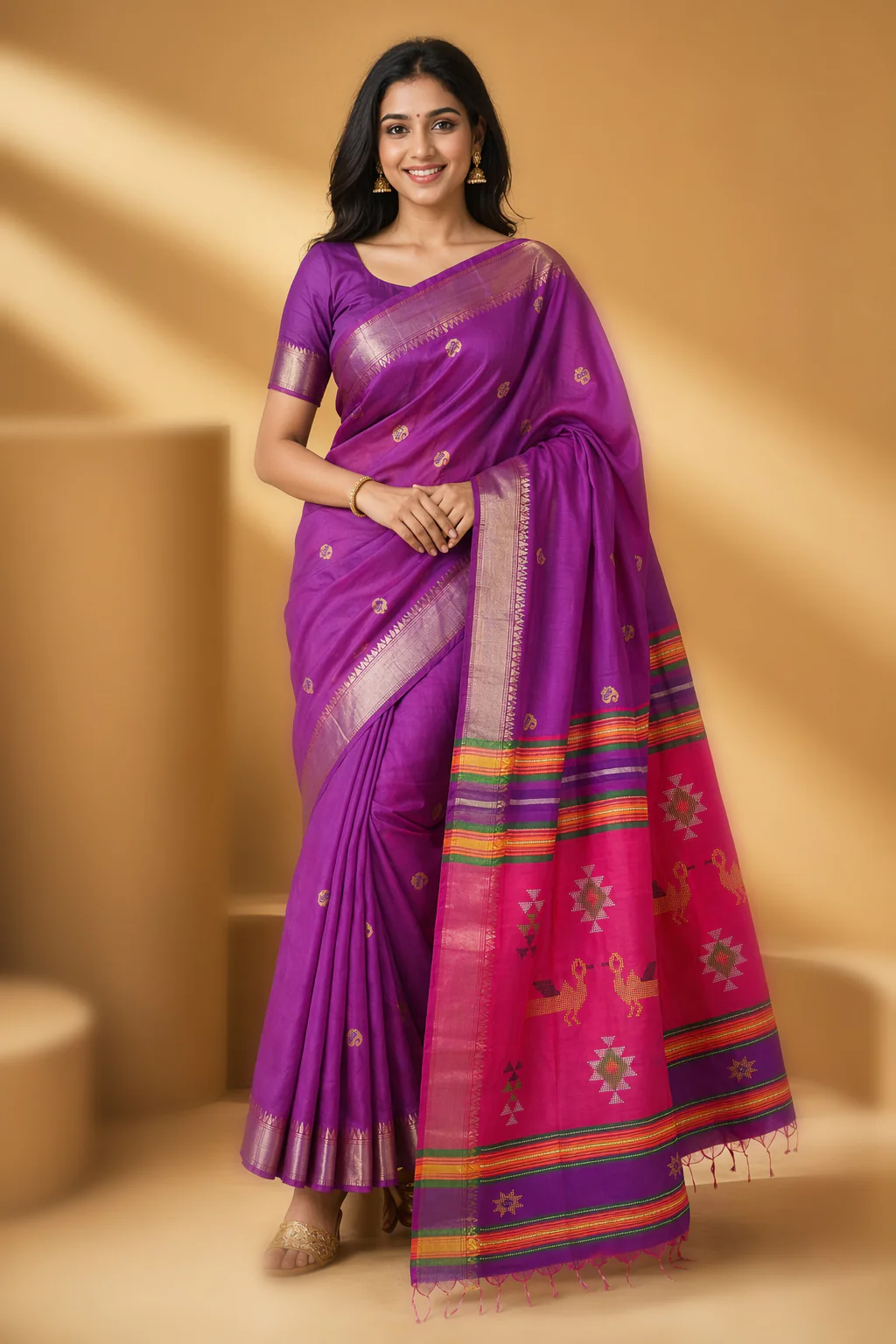 Multicolor kalakshetra Silk Saree With Blouse Piece