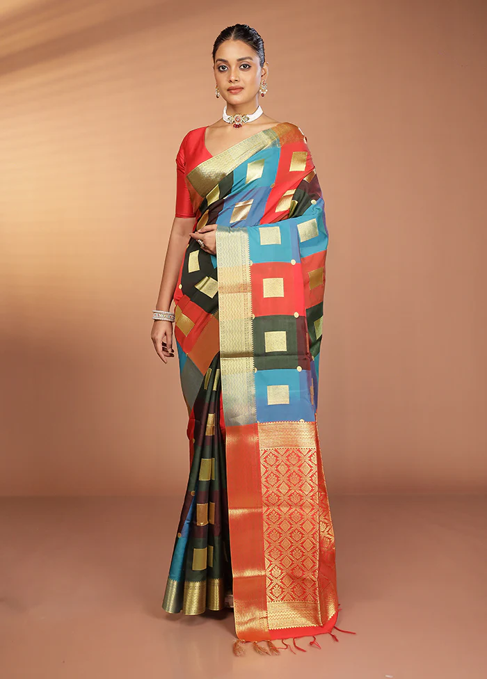Multicolor Kanjivaram Silk Saree With Blouse Piece - Image 2