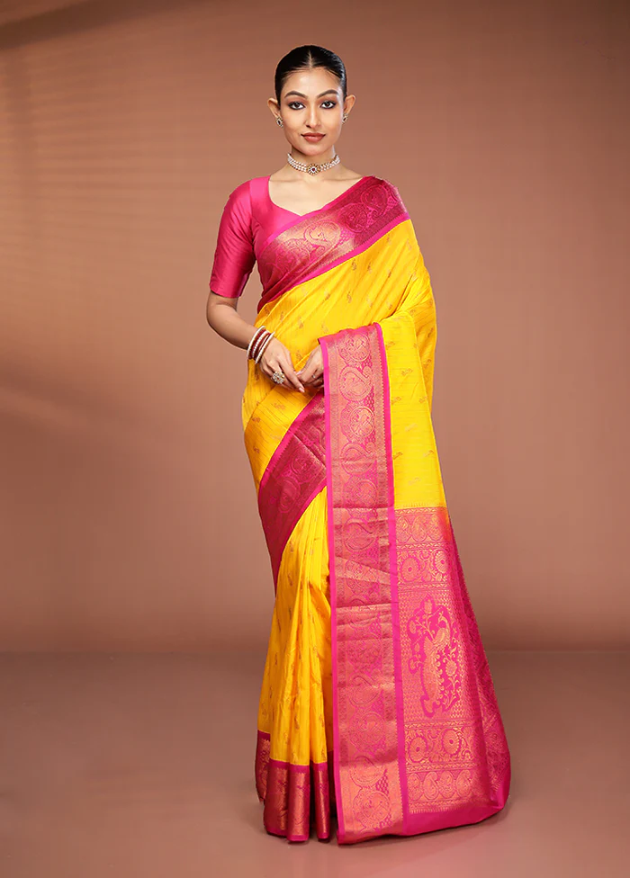 Yellow Kanjivaram Silk Saree With Blouse Piece - Image 2