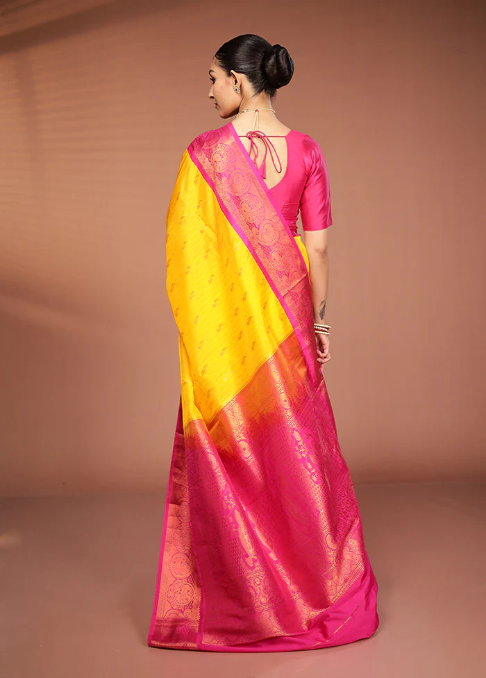 Yellow Kanjivaram Silk Saree With Blouse Piece - Image 3