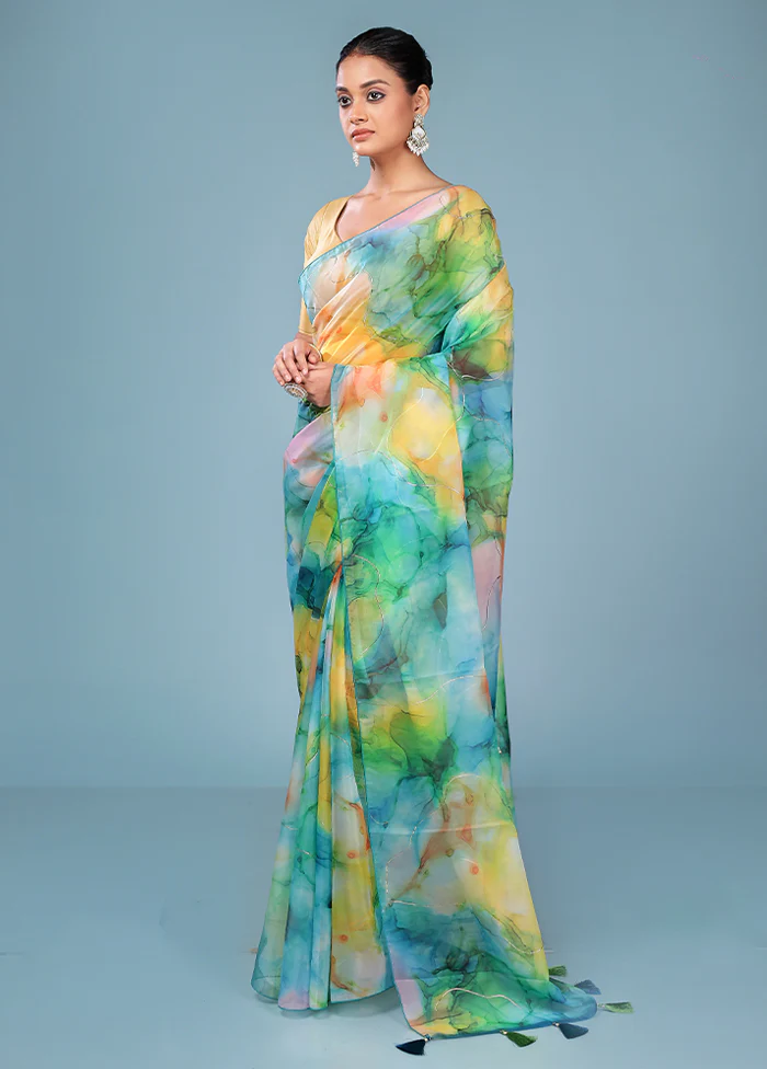 Multicolor Organza Saree With Blouse Piece - Image 4