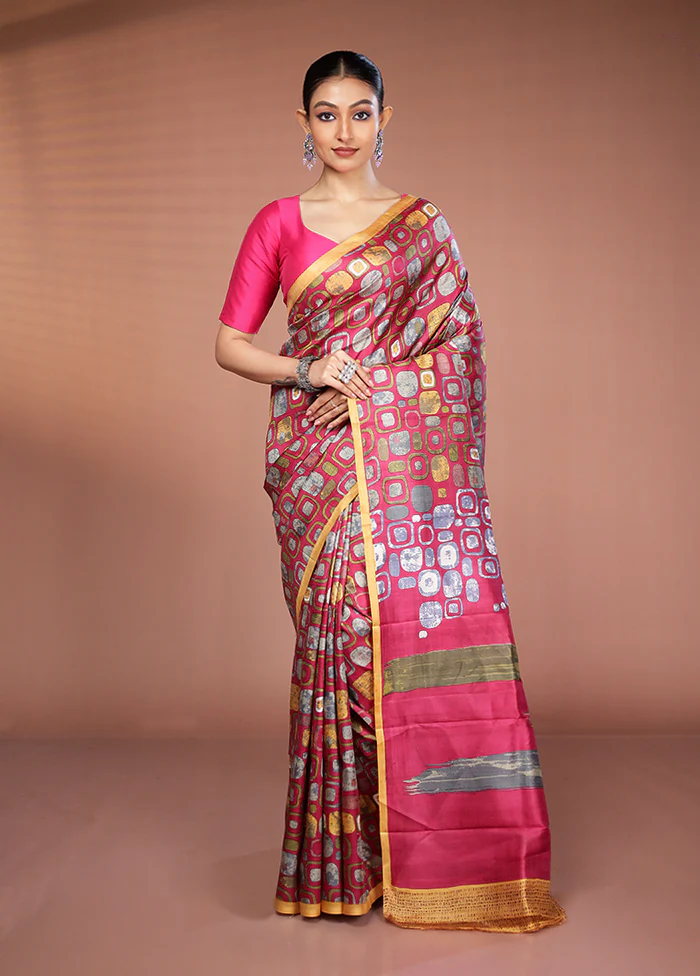 Pink Printed Silk Saree Without Blouse Piece - Image 2